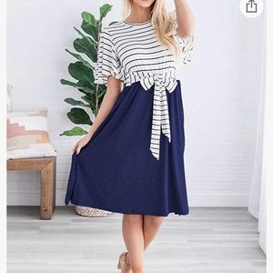 Women's Striped Ruffle Sleeves Tie Waist Crew Midi Dress